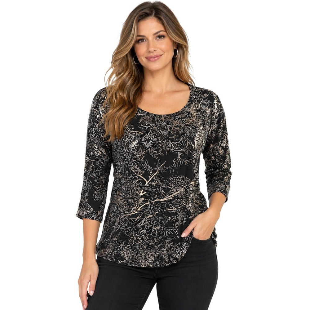 JM Collection Womens M Black Silver Glitter Flocked Floral 3/4 Sleeve Blouse New